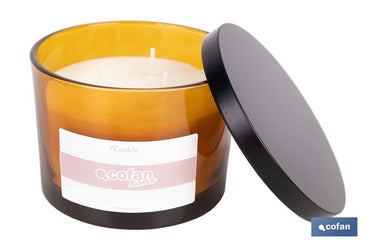Cofan – Vela Aromática Cookie con 3 Mechas | Cera de Soja Natural | Aroma Canela Napolitana | Vaso Decorativo Ámbar | Duración 35h